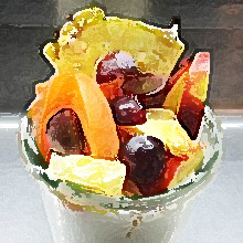 Foto Glas mit Obstsalat aus frischen Früchten